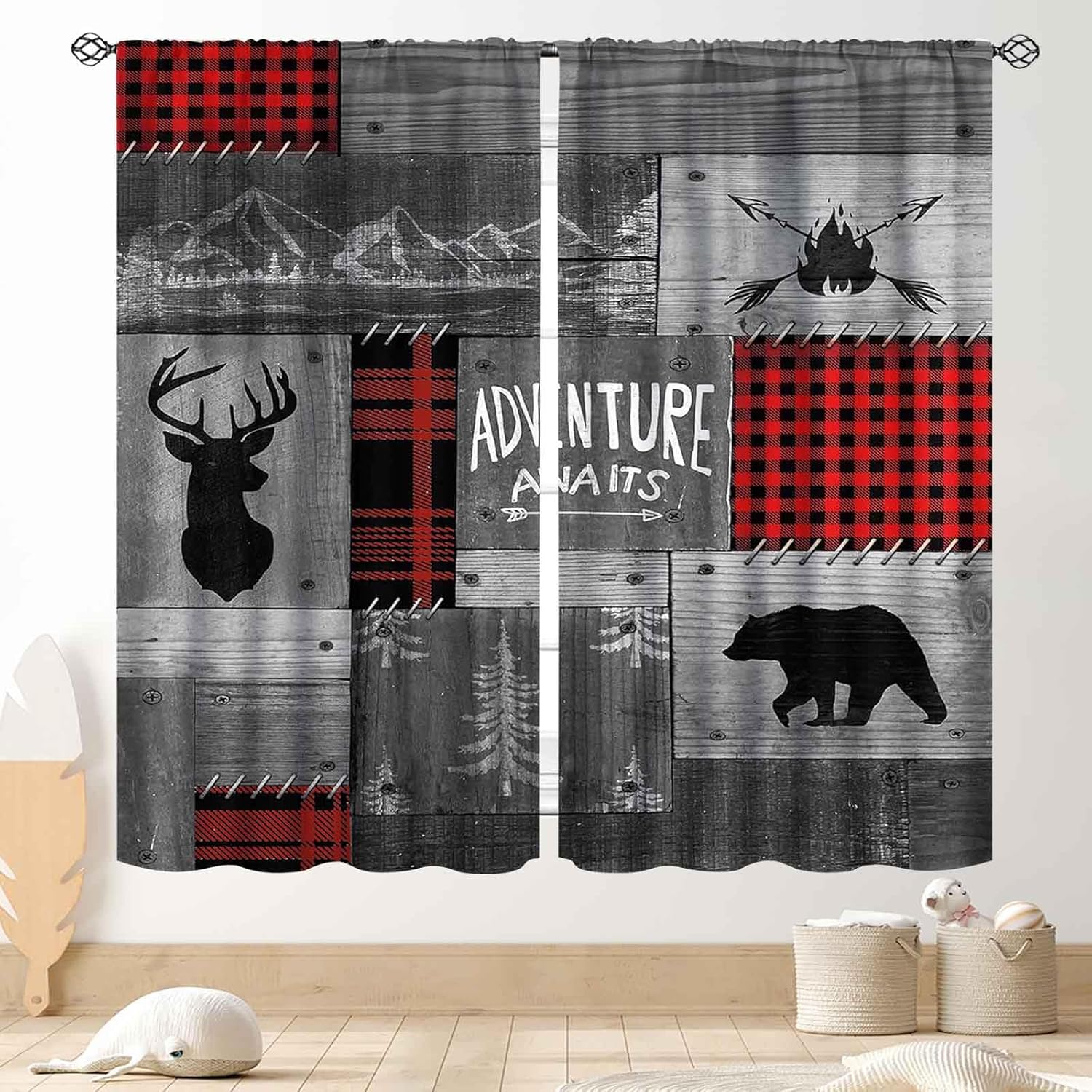 Rustic Lodge Curtains,Retro Farmhouse Bear Deer Elk Moose Hunting Wild Animals Woodland Cabin Country Vintage Cottagecore Window 60×150