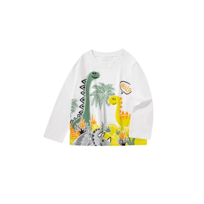 And Autumn Children's Clothing Boys' Long-Sleeved Shirts T-Shirts Kidsren's Cartoon Dinosaur Round Neck Tops Boys' Drop-Shoulder Pure Cotton Clothes