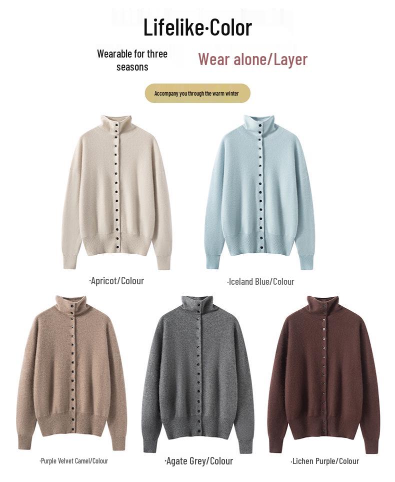 Women's High Neck Cashmere Cardigan - Autumn/Winter 2025 Gentle Style, Slimming, Short, Multi-Button Design