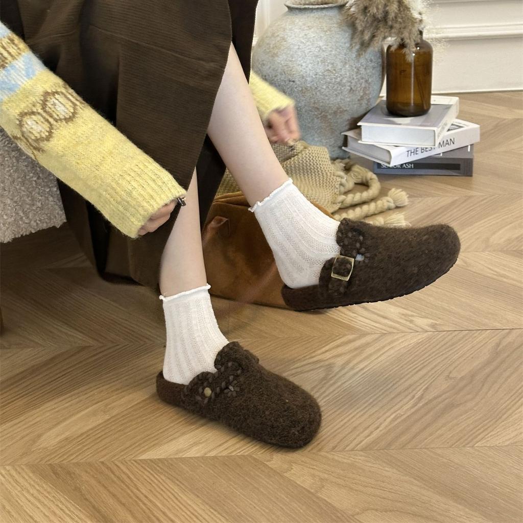 2025 Autumn and Winter New Round Head Thick Bottom Belt Buckle Hairy Lazy Boken Outer Wear Women's Slippers