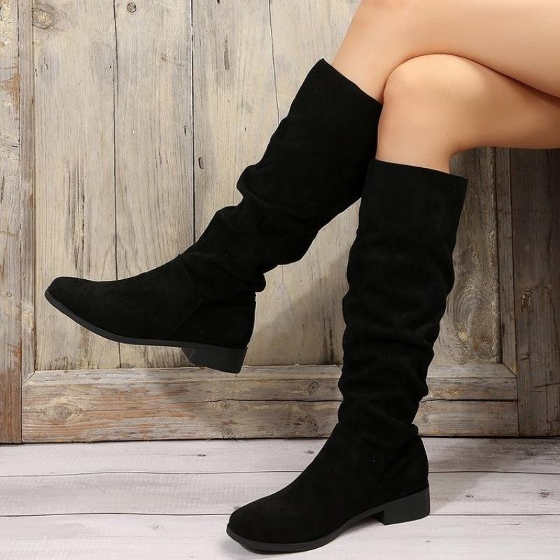 Bottes western à tige haute pour femmes, en daim à poils longs de grande taille européenne et américaine, bout rond, couleur unie, talon épais, semelle plate, bottes de mode