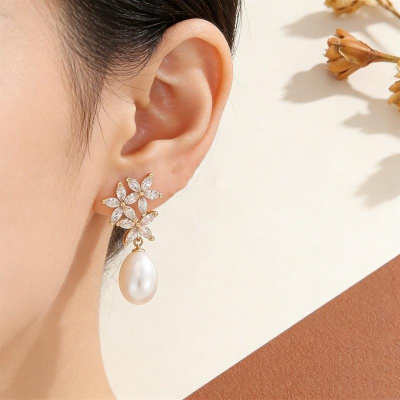 Full Diamond Flower Earrings with Delicate Pearl Pendant Stud Earrings