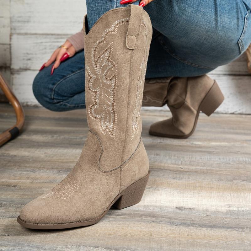 2025 Fashion Fall/Winter New Mid-Heeled Women's Boots Round Toe Plus Size Embroidered Western Women's Boots