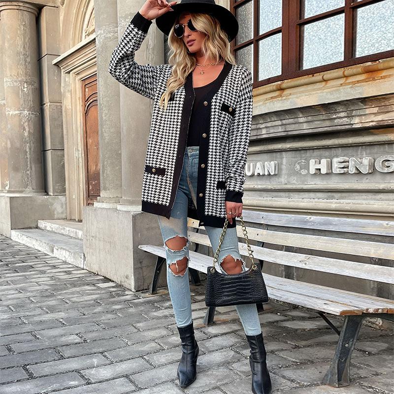 

Повседневный тренд, универсальный, популярный, повседневный, осенне-зимний, женский свитер с длинными рукавами и принтом «птичья клетка» L