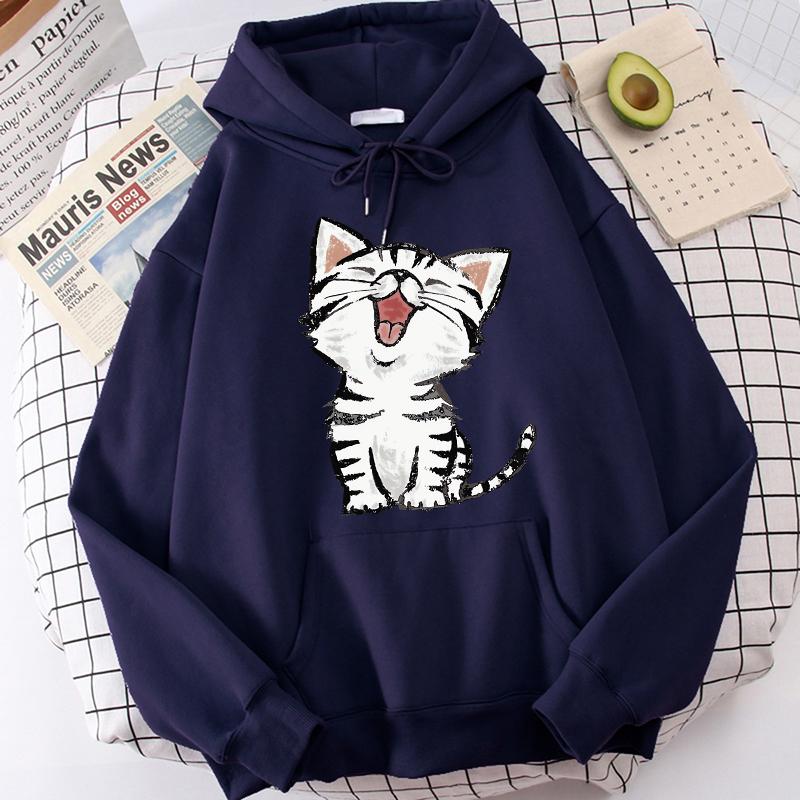 Funny Happy Cat Print Casual Pocket Hoodies Autunm Winter Women's Hooded Clothes Kawaii Graphic Sweatshirts 90s Y2k Streetwear