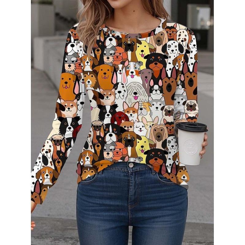 Spring and Autumn Fashion 3D Dog and Cat Printed Top Round Neck Long Sleeve Women's T-shirt