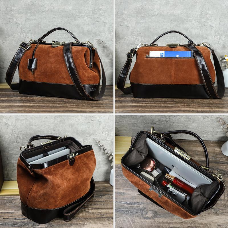 Black Angel Genuine Leather Women's Crossbody Doctor Bag with Suede Buckle