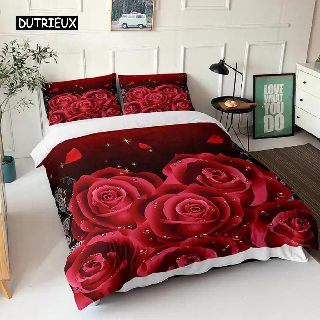 Red Rose Duvet Cover Set Queen Microfiber Floral Petals Botanical Twin Bedding Set Romantic Flowers Valentine's Day Quilt Cover