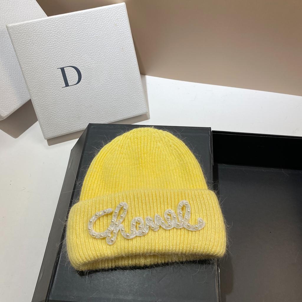 Pearl Hat Rabbit Hair Warm Knit Hat Women's Fashionable Winter Cold Hat Increase And Lengthen Double Folded Edges Hat