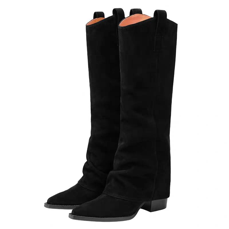 Women Pointed Toe High Boots Luxury Party Heels Shoes Woman Winter Suede Snow Boots 2025 Trend Chunky Plush Chelsea Botas Mujer
