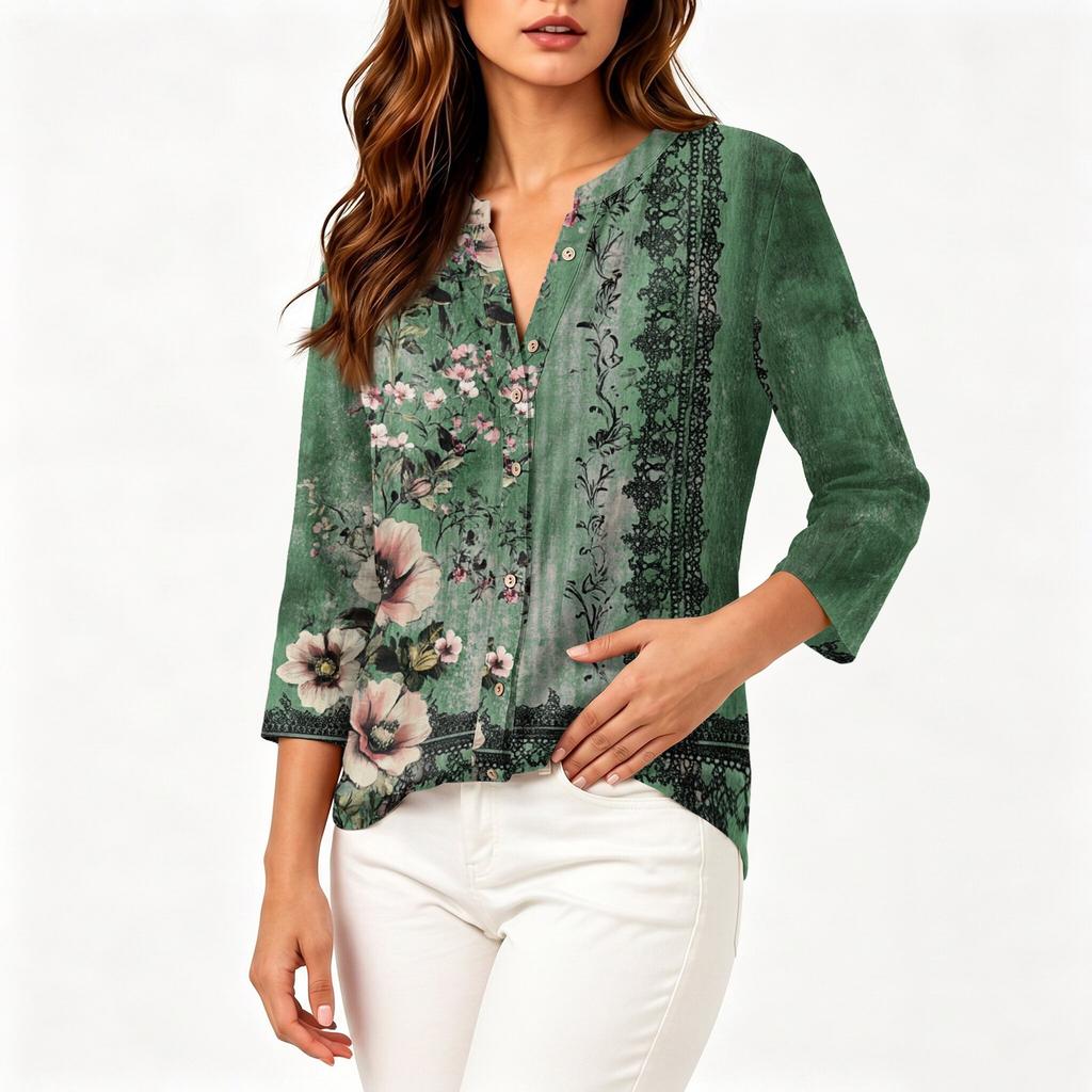 Camicia da Donna Vintage con Stampa Floreale Henley Collo a Bottoni Manica 3/4 in Misto Cotone Lino Top Casual Vestibilità Larga per l'Uso Quotidiano