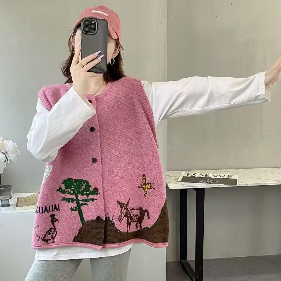 

2025 Japanese Style Oversized Loose Knit Vest Women Round Neck Thick Cardigan Sleeveless Open Front Coat One Size рожевий