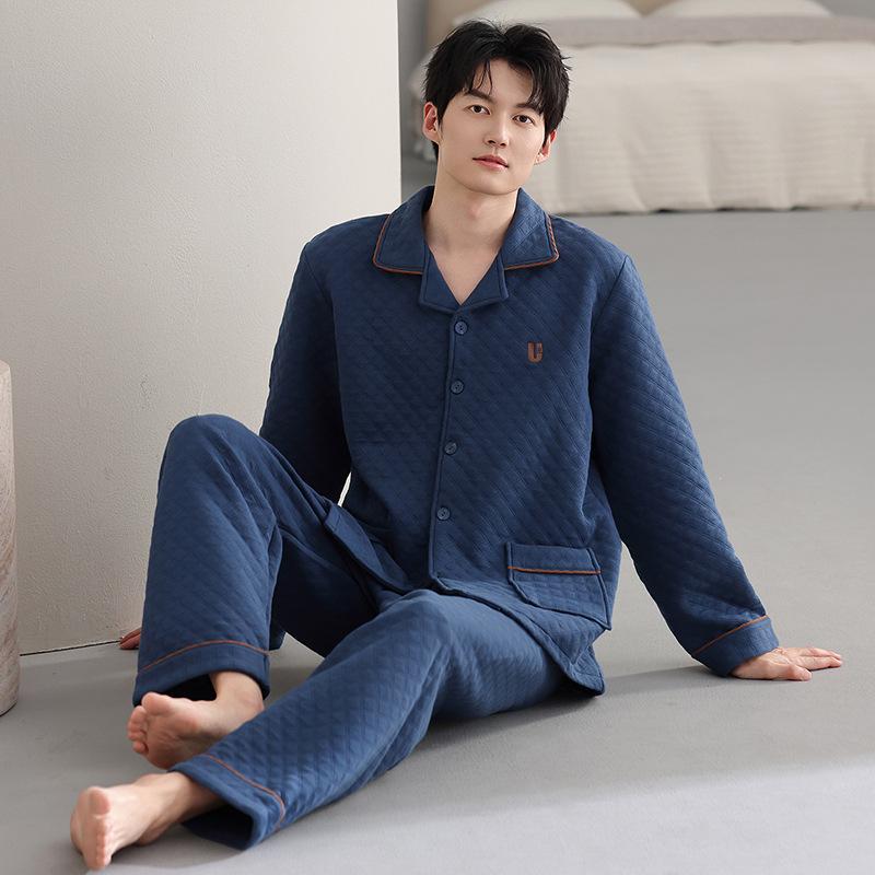 Pajamas Men'S Autumn And Winter Thickened Pure Cotton Long Sleeve Air Cotton Interlayer Homewear Winter Warm Large Size Cotton Set