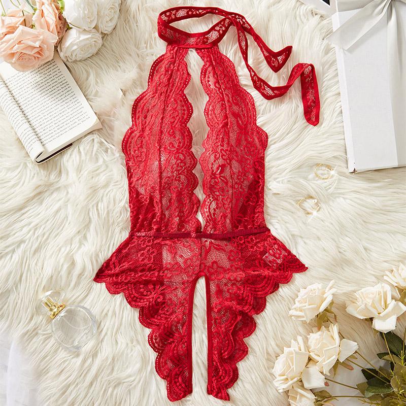 Sexy Lingerie For Women One Piece Transparent Lace Sling Pajamas Porn Bodysuit Deep V Crotchless Teddy Baby Doll Erotic Costumes