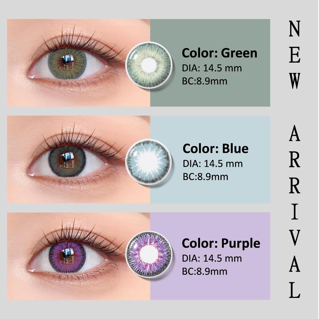 Color Contact Lenses 1 Pair for European Blend Effect Green and Purple and Gray Eyes 14.5mm Yearly Use Soft Lens