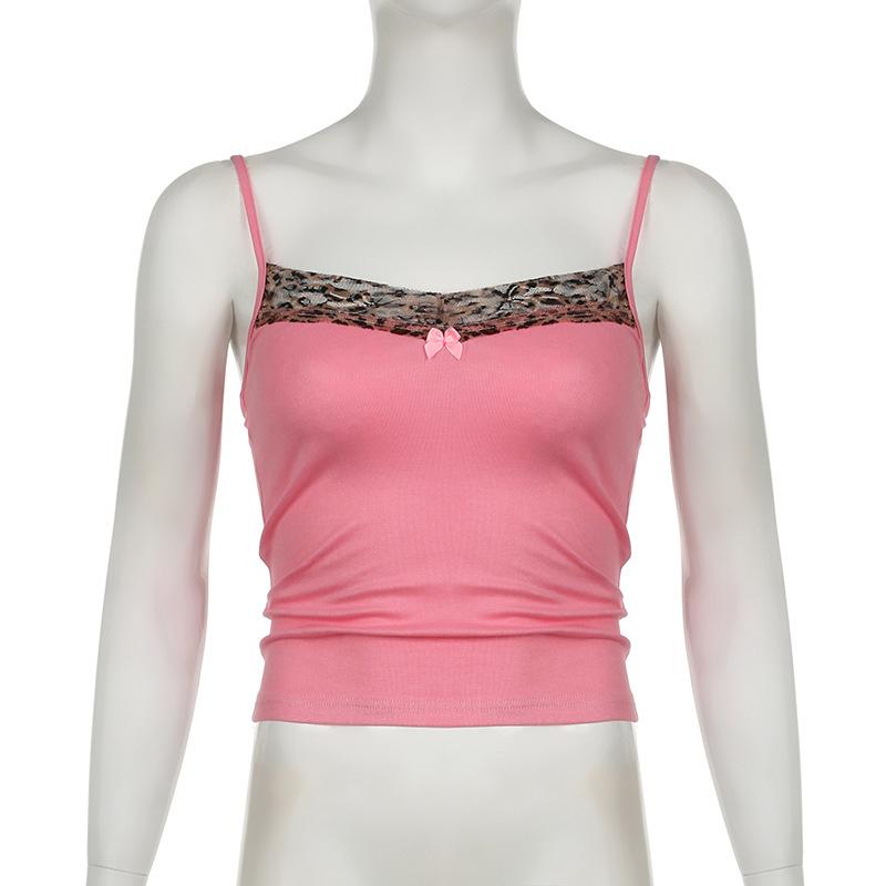 Vintage Leopard Print Stitched Crop Top Women Casual Sleeveless Cute Bow Patchwork Strap Tees Y2k Summer Crop Tops Ladies