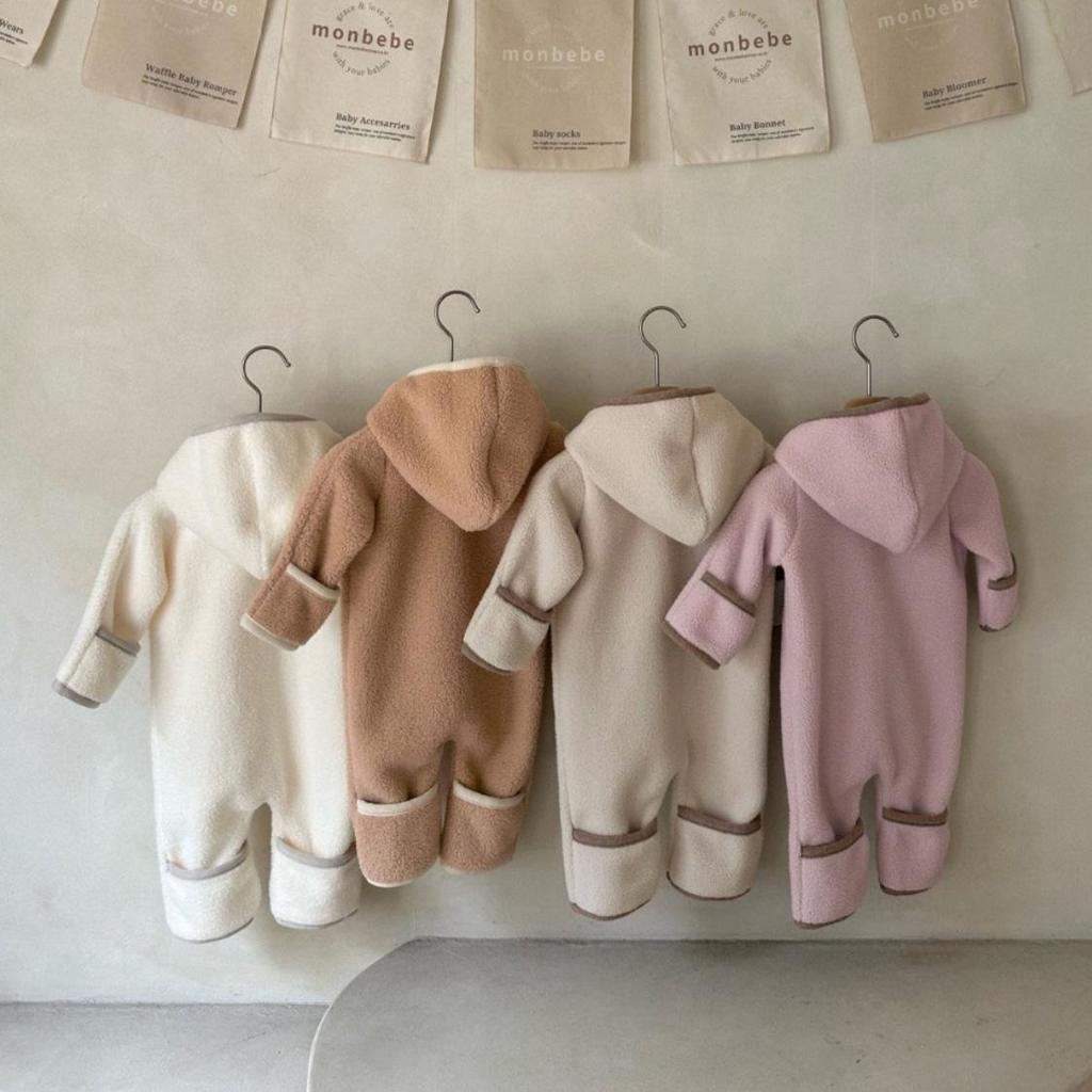 Infant Hooded Plush Bodysuit: Winter Hand & Foot Protection Long Sleeve Romper