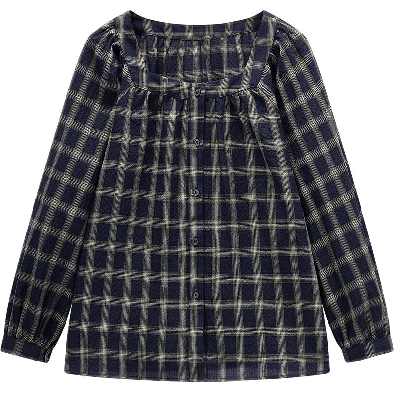 Aijutu Women s Retro Plaid Square Neck Long Sleeve Shirt S