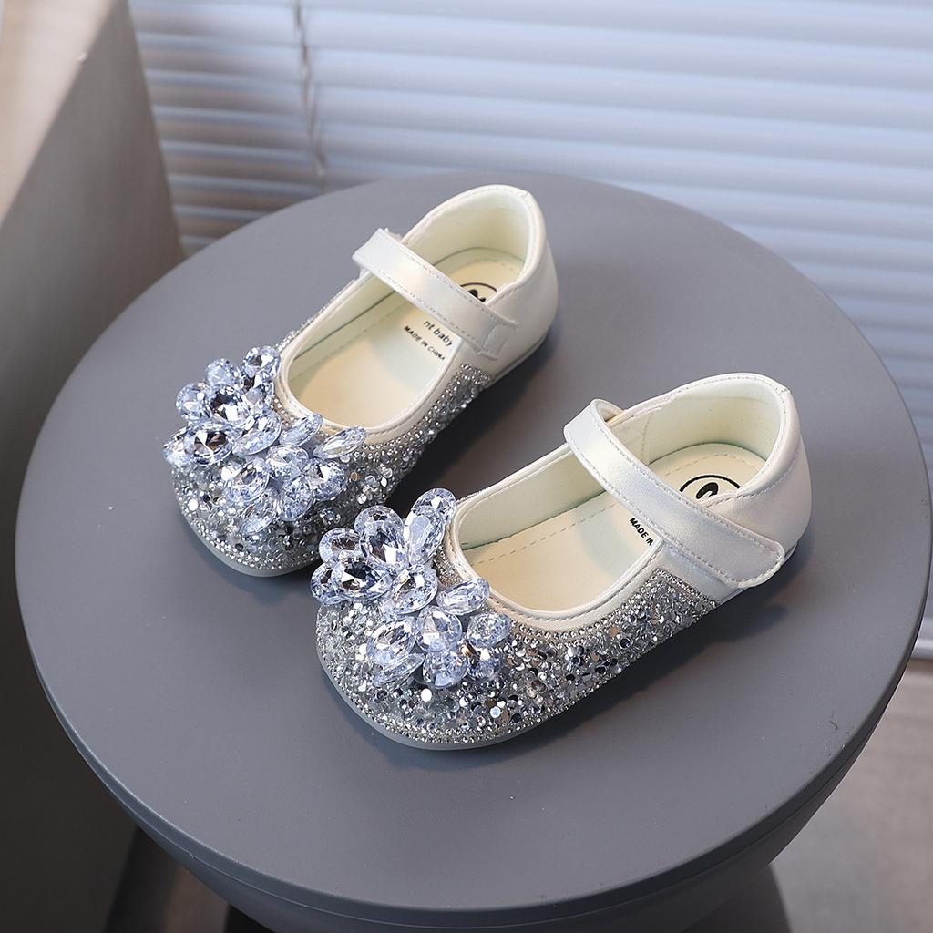 Girls Leather Shoes Shiny Crystal Sequins Kids Dress Shoes Wedding Dance 2025 New Children Flat Shoes Round Toes Sweet Hook&loop