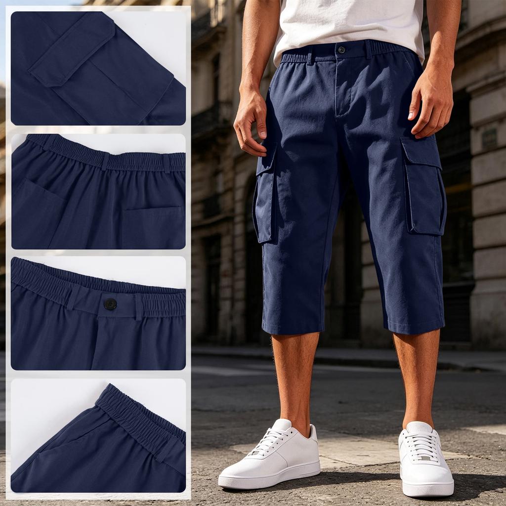 Heren Effen Kleur Knopen Elastische Taille Cargo Capri Broek met Zes Zakken Werkkleding Stijl Casual Pasvorm
