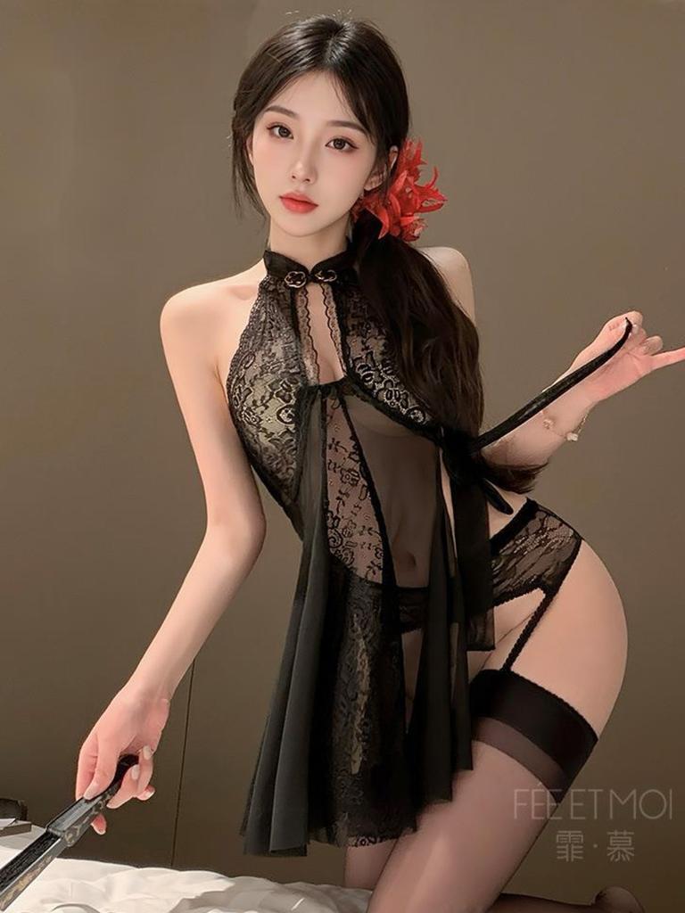 Sexy Lace New Chinese Style Cheongsam Nightdress Side See-through Slit Exposed Buttocks Dress Elegant Fashion Sexy Women P12Q
