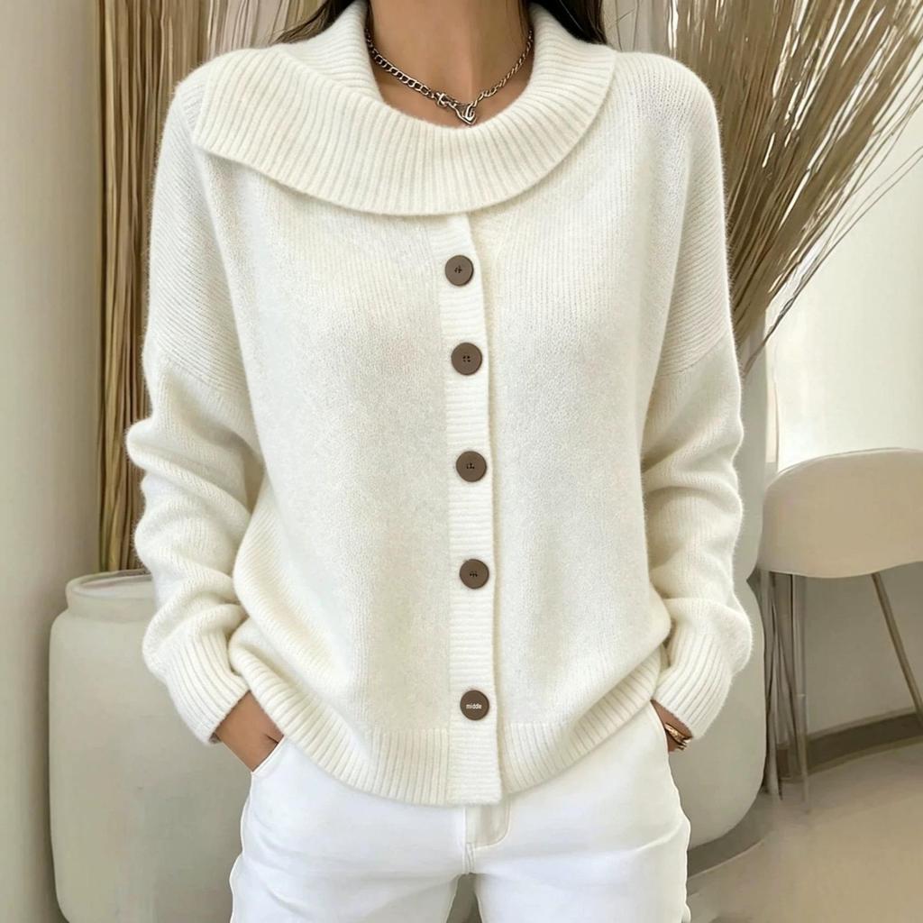 European & American Women's Knit Cardigan Sweater Coat with Irregular Lapel - Autumn/Winter Style, Solid Color, Buttoned