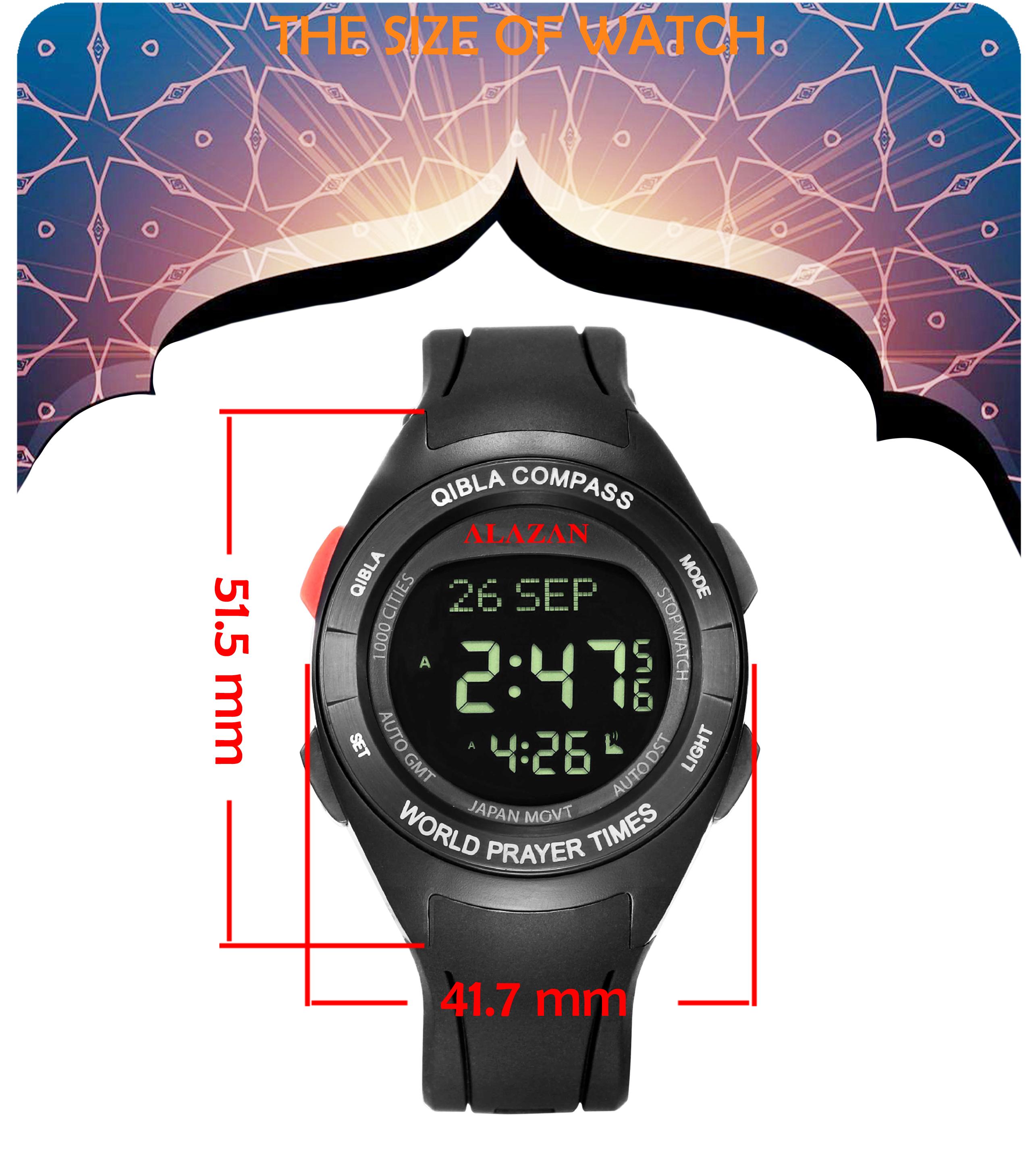 Qibla Compass Azan Watch with Muslim Watch Alfajr Muslim Pray Hijri and Gregorian Calendars Water Resistant