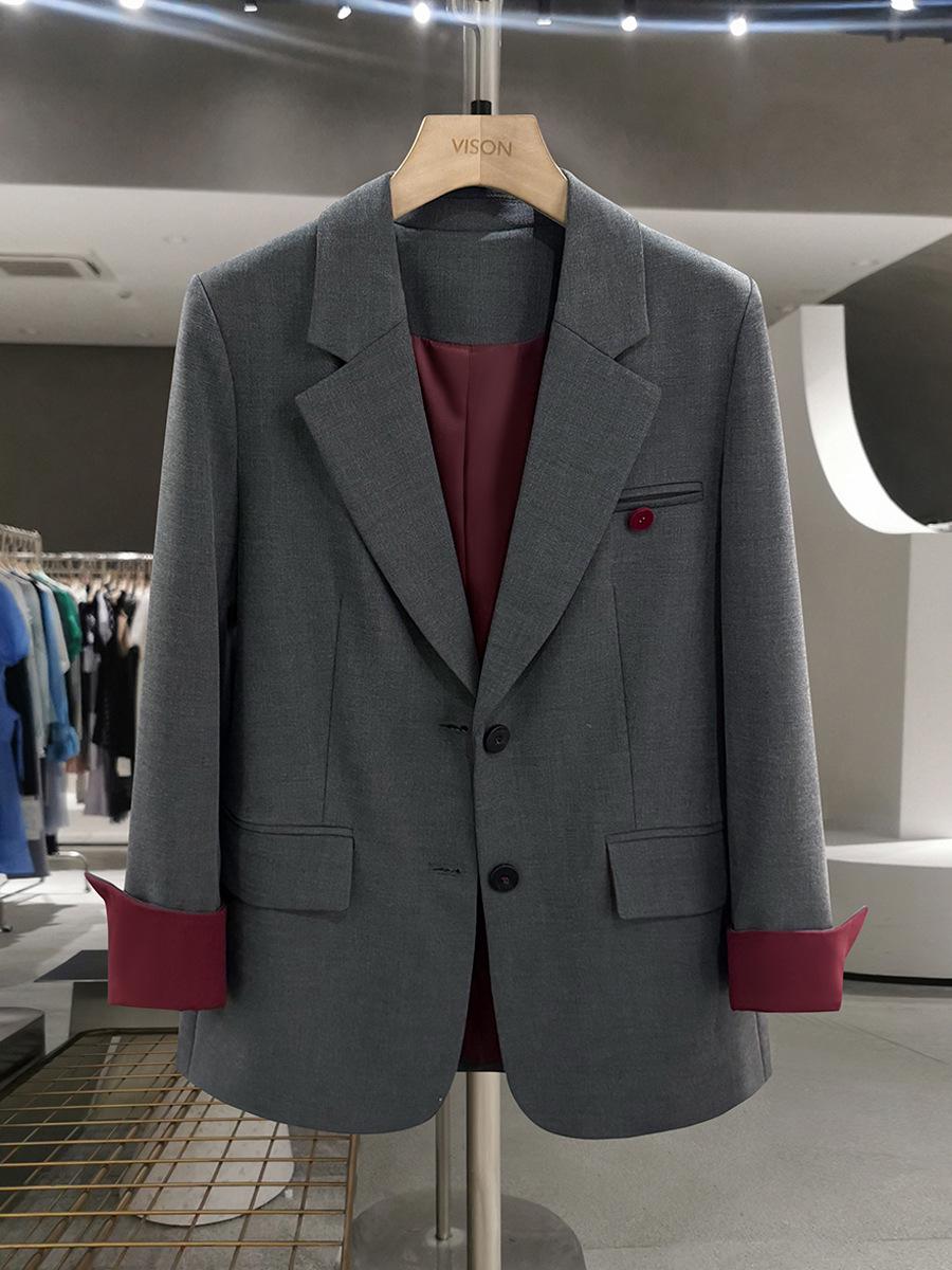 

Ancola Women s Red-Grey Patchwork Age-Reducing Suit Jacket - 2025 Trendy Street Style for Spring & Autumn S серый