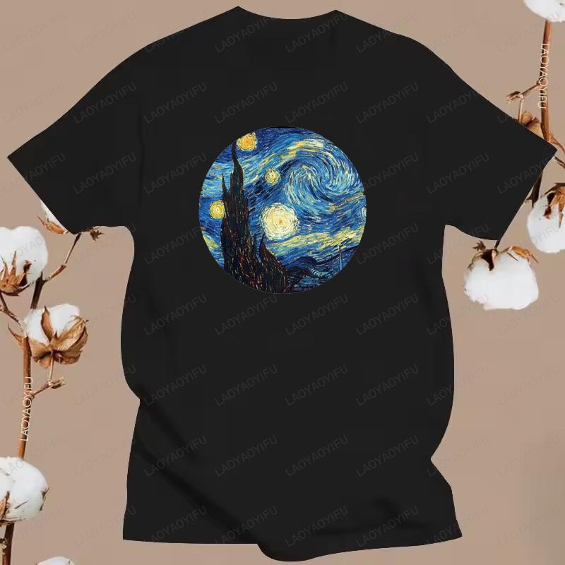 New The Great Wave on A Starry Night Cotton T Shirt Hokusai Great Wave Off Kanagawa Van Gogh Starry Night Oil Graphic T Shirts