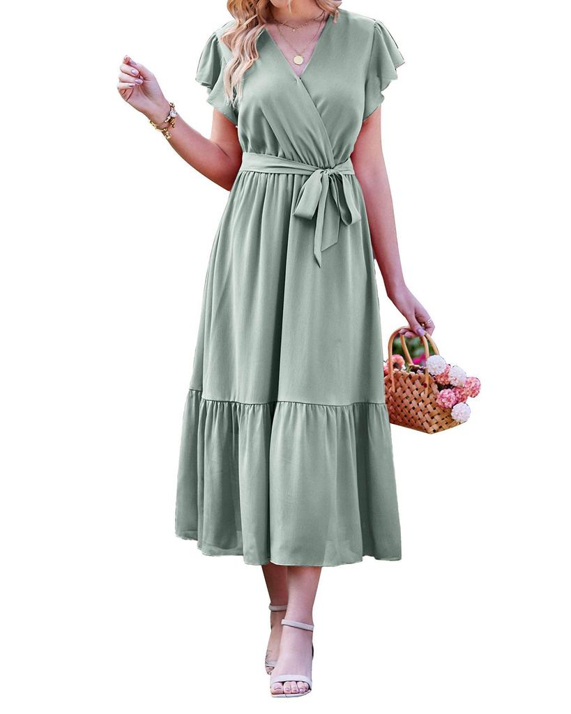 Rochie midi plisată de vară pentru femei cu gât în V, croială A-line și curea cu talie înaltă