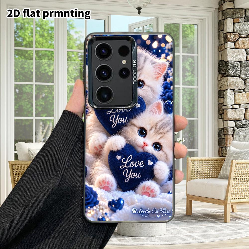 Phone Case: 2D Flat Samsung Galaxy A34 A35 M05 M06 S20 S22 S21 FE Plus 5G Protective Case, Couples Style, Heart with Two Little Cats, Christmas and Ha