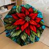 Stained Poinsettia Design Automatic Opening Folding Umbrella with 8-Bone Iron Frame for Outdoor Use, Festive Gift, Suitable for Fans, Travel