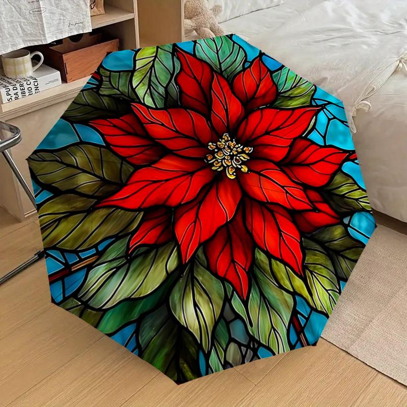 Stained Poinsettia Design Automatic Opening Folding Umbrella with 8-Bone Iron Frame for Outdoor Use, Festive Gift, Suitable for Fans, Travel