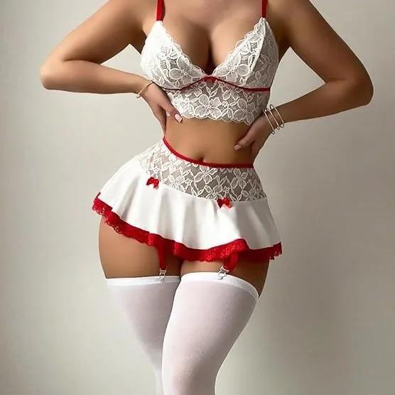 Toucheart Sexy Mesh Interesting Underwear Set For Women Bow Knot Mesh Patchwork Lace Garters Exposed Navel Underwear System Set