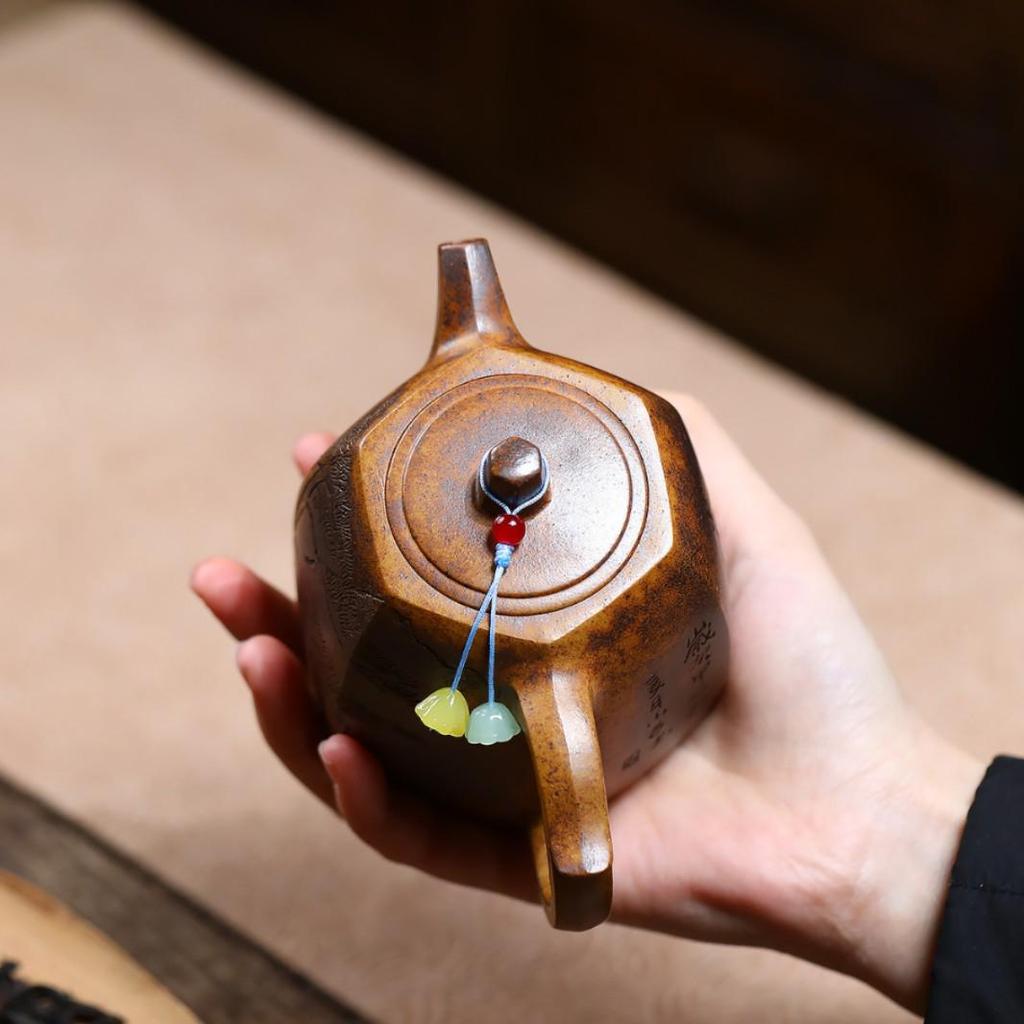 Yixing Zisha Teapot: Semi-Handmade Hexagonal Pine Carving with High Temperature Gold Sand Finish