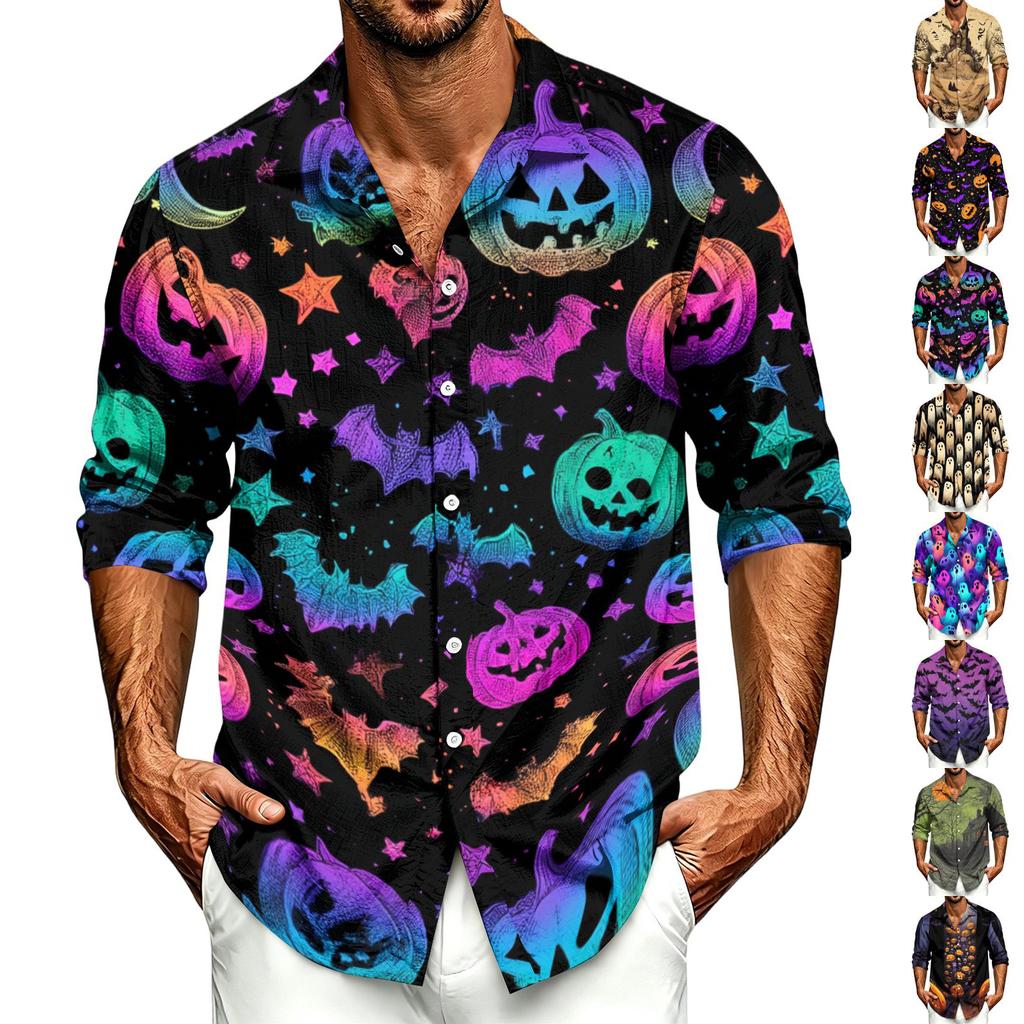 Men's Casual Long-Sleeve Shirt with Halloween Print for Spring ,Summer and Fall