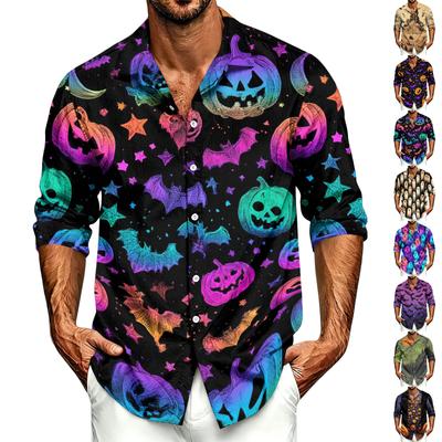 Men's Casual Long-Sleeve Shirt with Halloween Print for Spring ,Summer and Fall