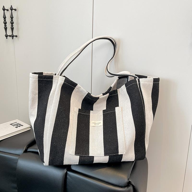 Väska Lättvind Underarmsväska Ny Casual Randig Kanvasväska Stor Kapacitet Axel Shoppingväska Väska