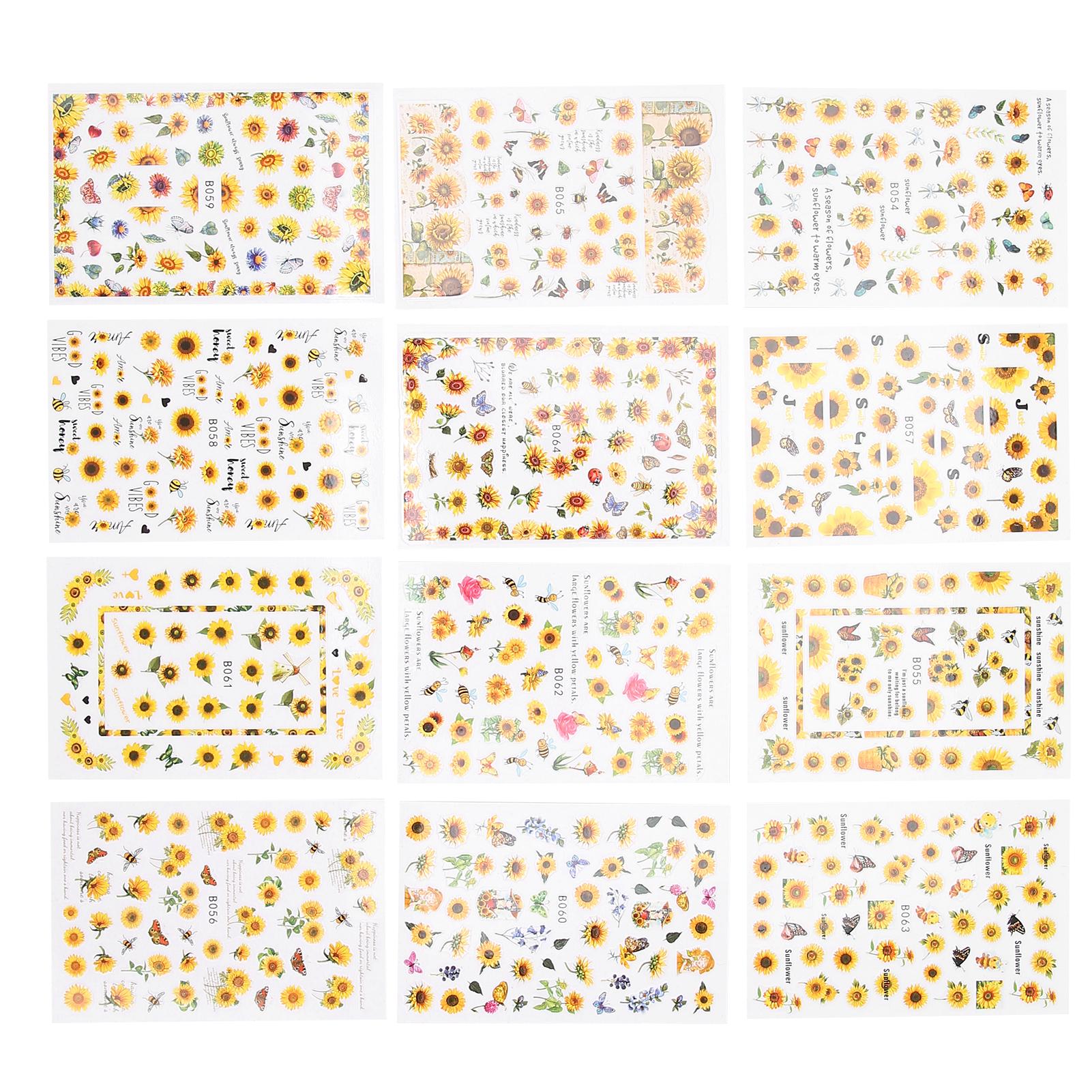 

Набор из 12 наклеек для дизайна ногтей с изображением подсолнуха, наклейки для украшения ногтей, принадлежности для маникюра