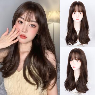 22 Inch Brown Curly Wigs Air Bangs Fiber Synthetic Heat-resistant Wave Hair Sweet And Natural Party or Selfie Korean Fashion