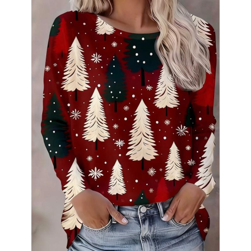 Women's Christmas 3D Printed Crew Neck Long Sleeve T-Shirt Fashion Versatile Trend Breathable Casual