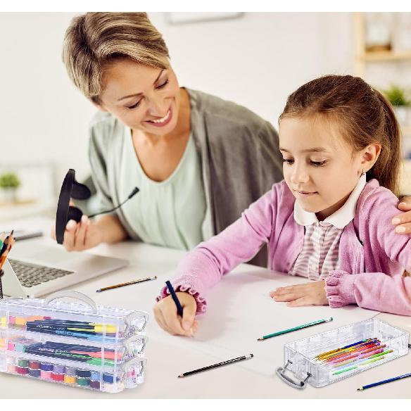 Clear Plastic Pencil Box, 2 x 3 Tier Stackable Table Pen Box, Home Storage Container with Handle, Storage B with Lids, Pencil Case Stationery