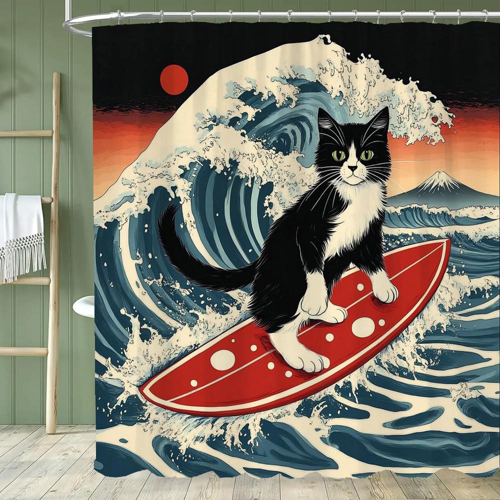 1pc Funny and Creative Surfing Cat and Dog Shower Curtain,Cartoon Bathroom Curtain,Home Polyester Decoration Curtain With Hooks