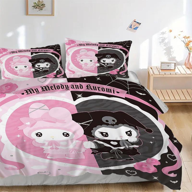 

3pcs Pink and Black My Melody and Kuromi Bedding Set, Including Without Filling, Soft and Comfortable Home BedroomH084 135x200cm