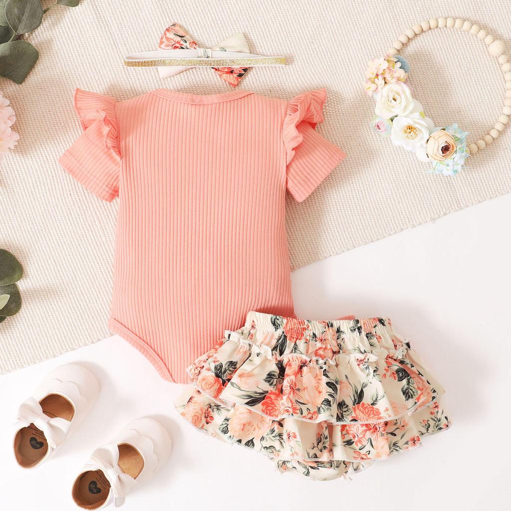 Girls' 2022 Korean Style Letter Print Top & Floral Shorts Spring/Autumn Three-Piece Set