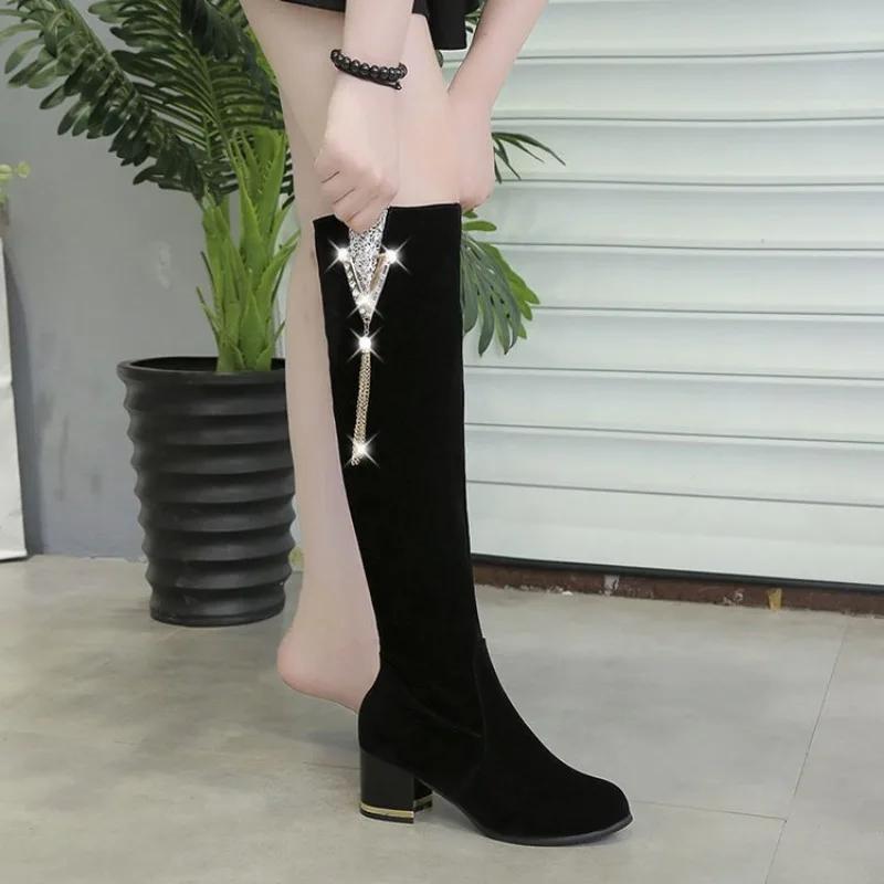 2024 Women High-heeled Shoes Winter New Women's Long Boots 2024 Rhinestone Thick-heeled Knee-high Boot Side Zipper Knight Boot