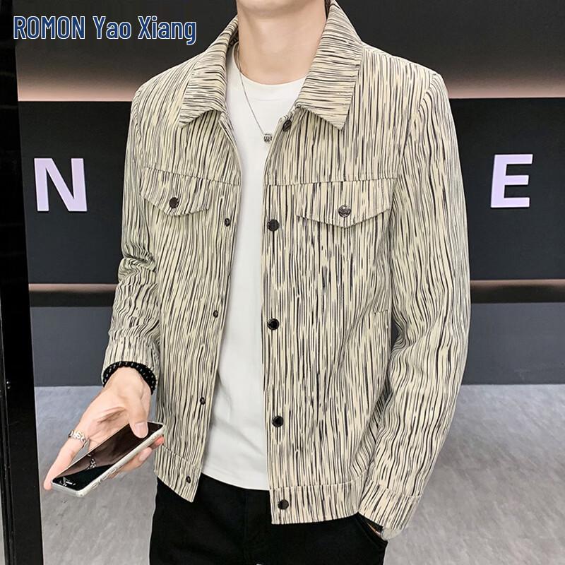 ROMON Men s Striped Lapel Casual Jacket L