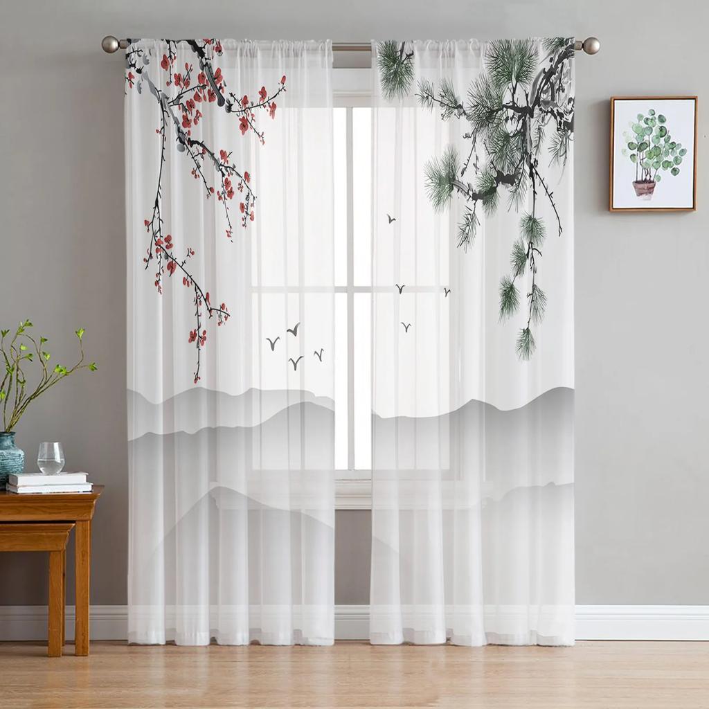Chinese Ink Landscape Painting Bamboo Sheer Voile Curtains For Bedroom Living Room Kitchen Decor Chiffon Tulle Windows Curtain