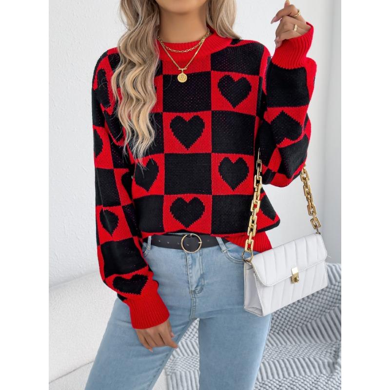 

Autumn and Winter Checkered Heart-shaped Lantern Sleeve Pullover Sweater for Valentine s Day Women s Clothing L