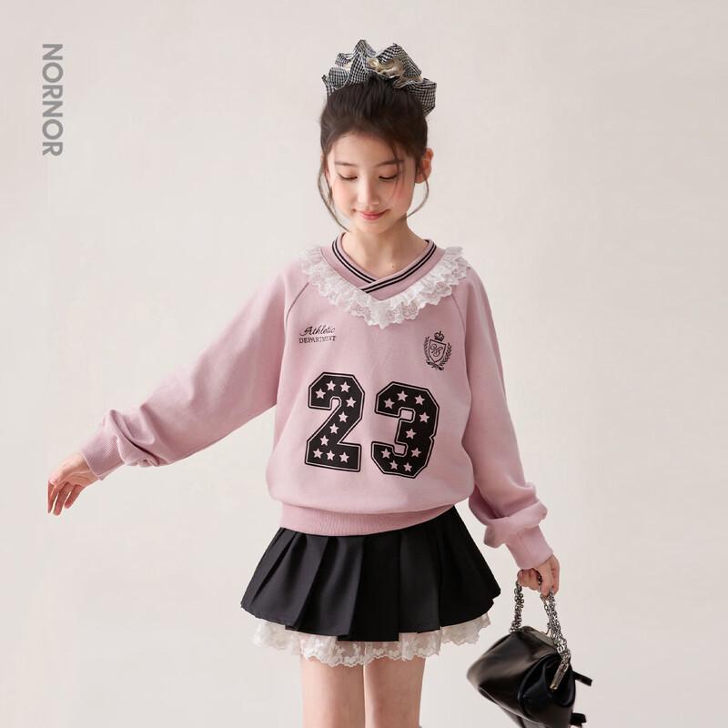 LUSON Girls  Lace Trim V-Neck Sweatshirt 150